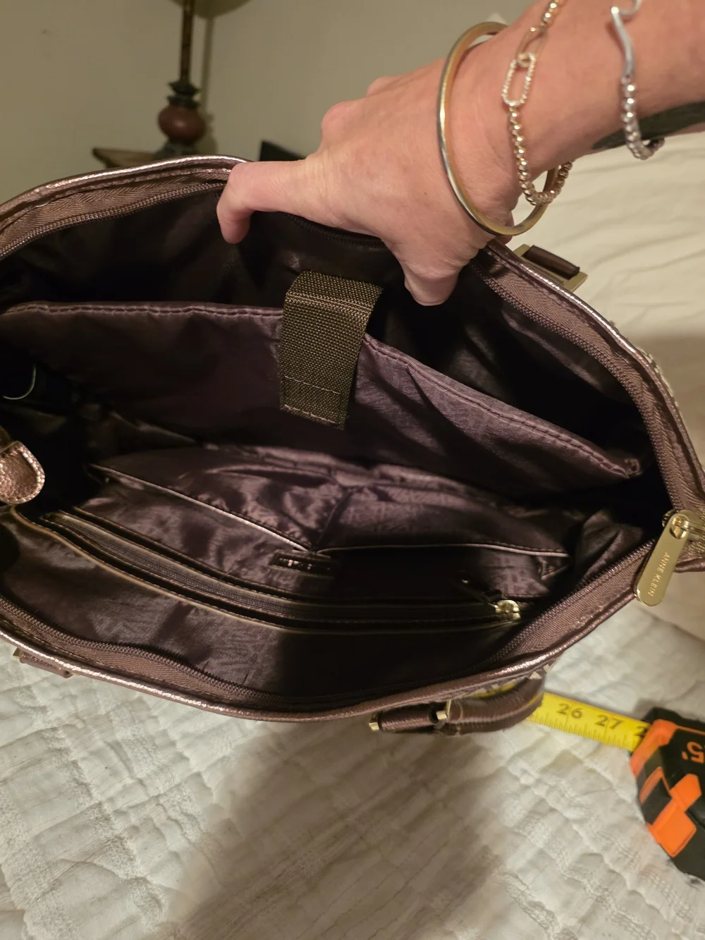 Anne Klein Brown Patterned Laptop Tote with Metallic Trim